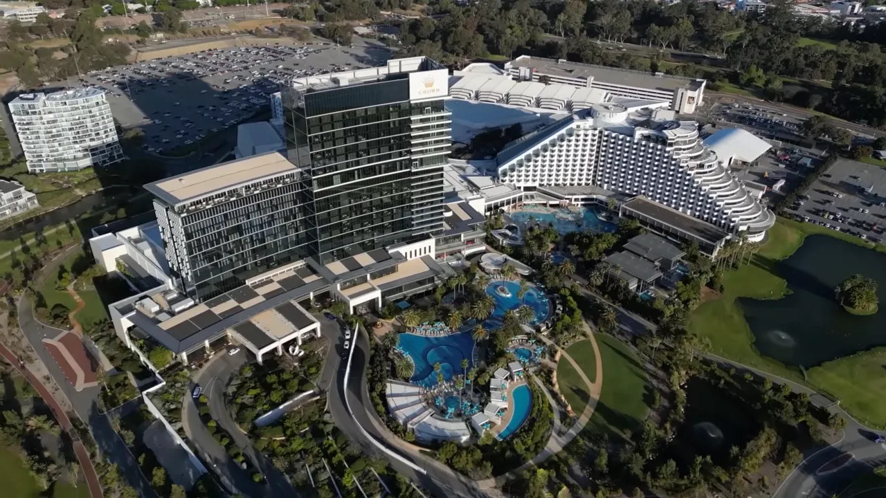 Aerial view of Crown Towers Perth with pools and landscaped grounds