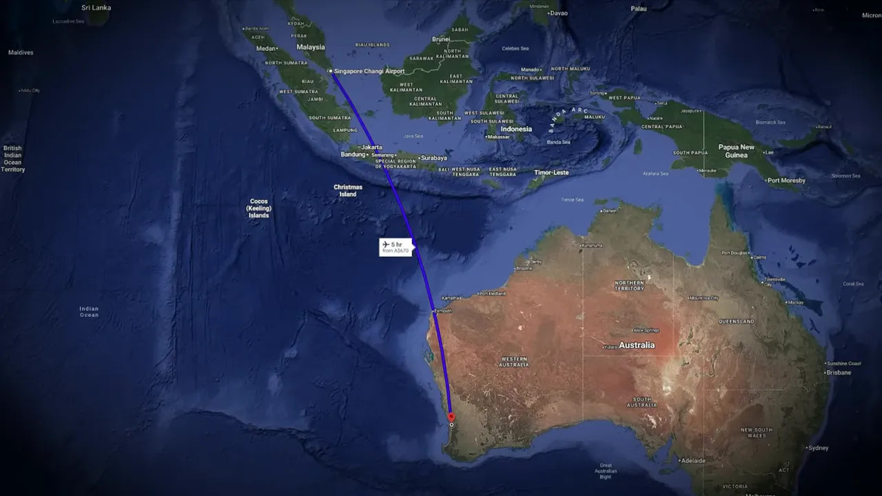 Map screenshot showing a flight path from Southeast Asia down to Perth with route line and time marker