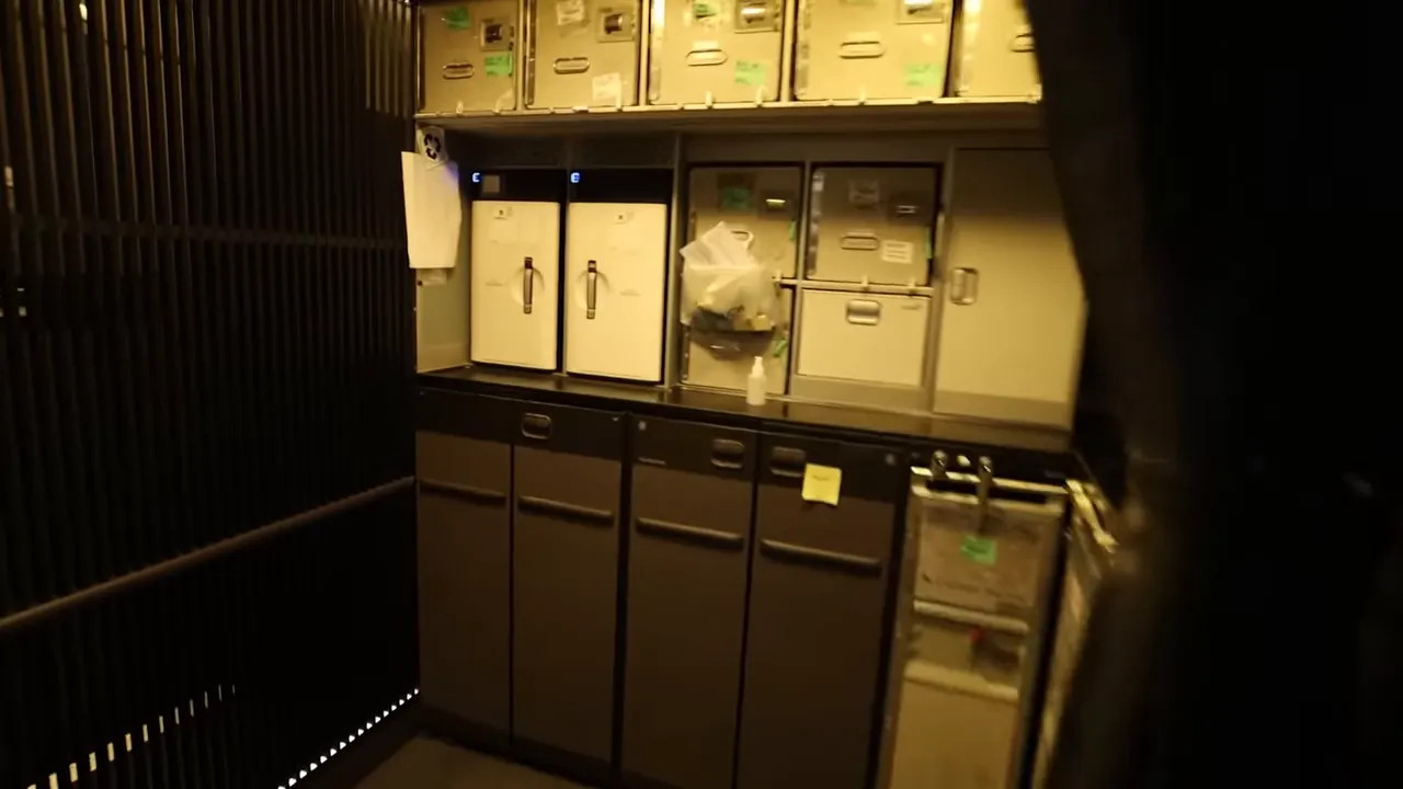 Aircraft galley with slatted wall panels, storage lockers and service carts in Cathay Aria Suite.