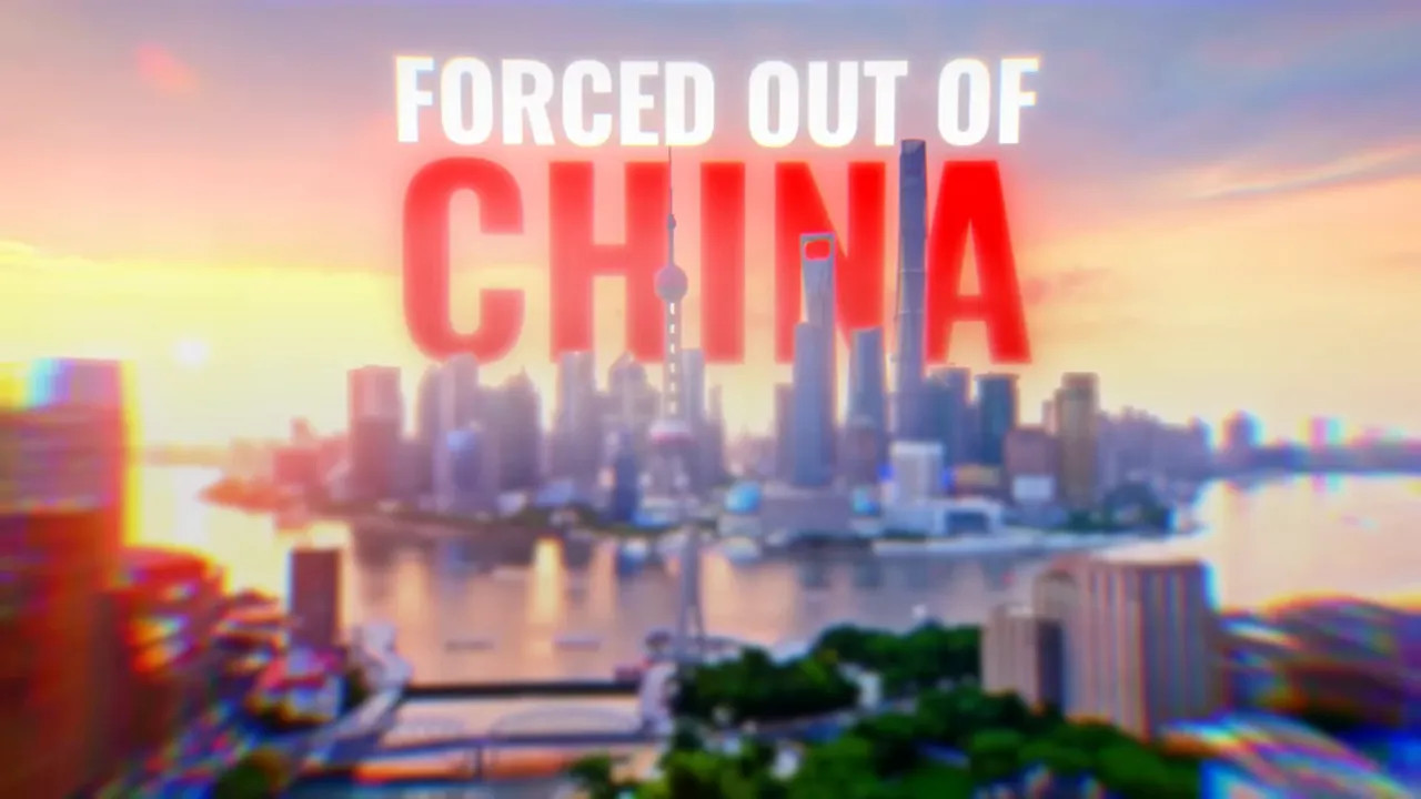 Cover-style image reading 'FORCED OUT OF CHINA' with a city skyline background