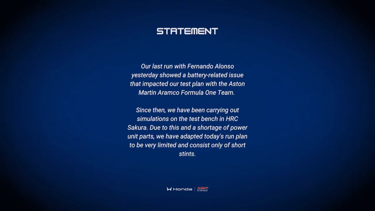 Blue announcement slide with white text: Honda statement about a battery-related issue that impacted Aston Martin's test plan.