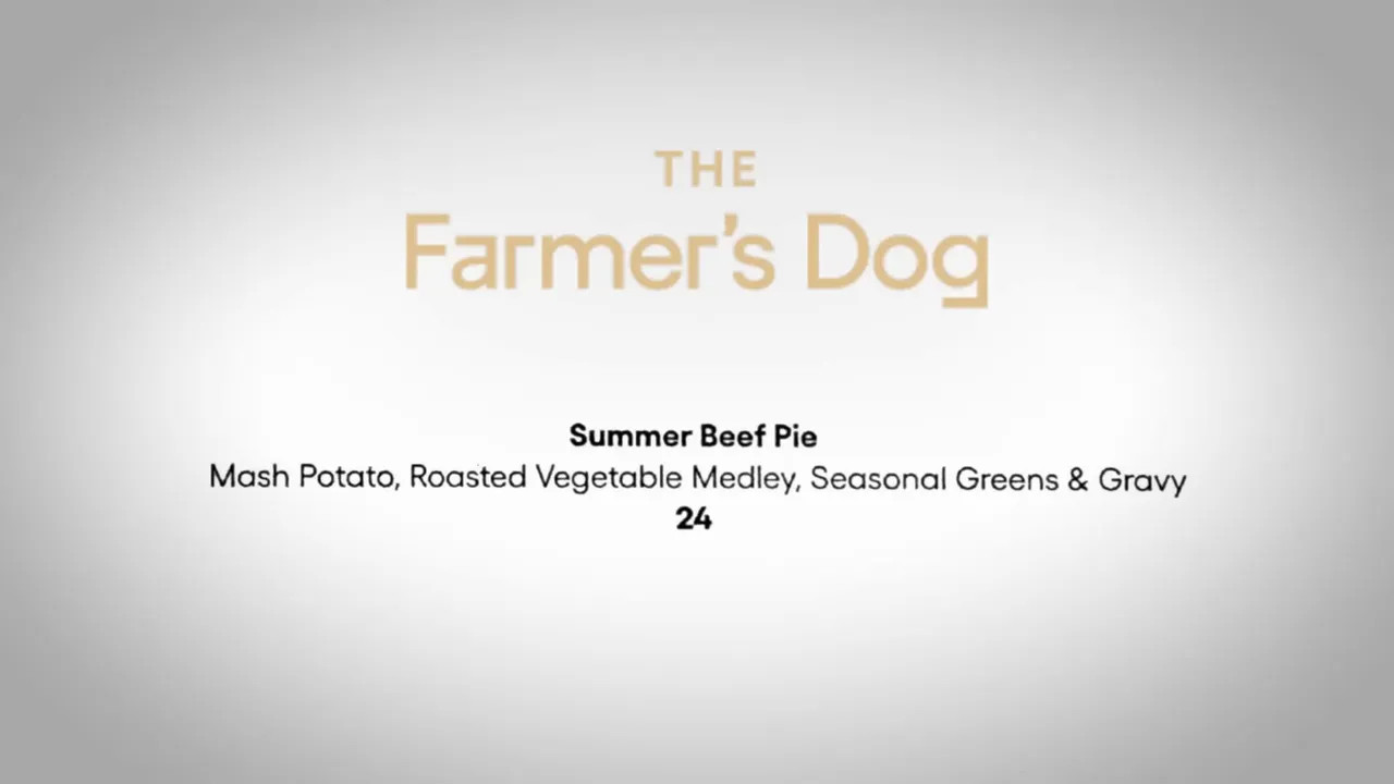Menu graphic showing The Farmer's Dog summer beef pie with mashed potato vegetables greens and gravy