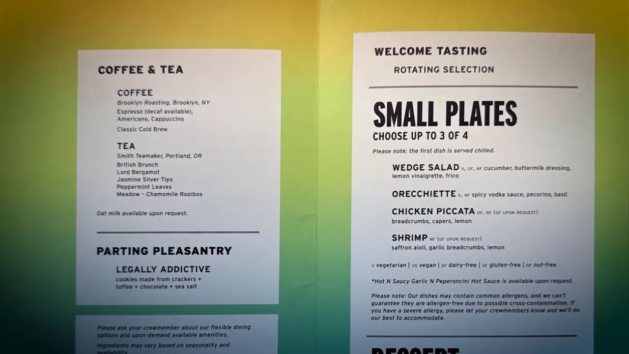 Printed menu showing coffee tea small plates and dessert options