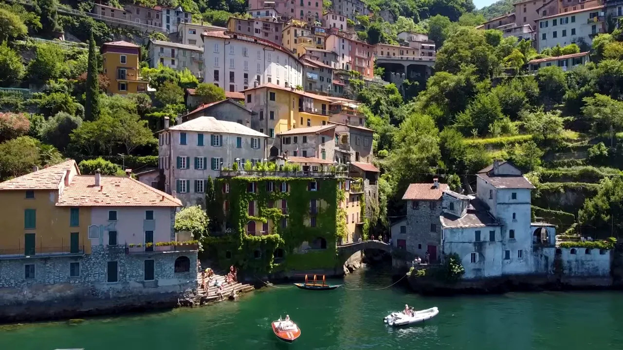 Aerial view of colourful homes and villas on the Lake Como shoreline