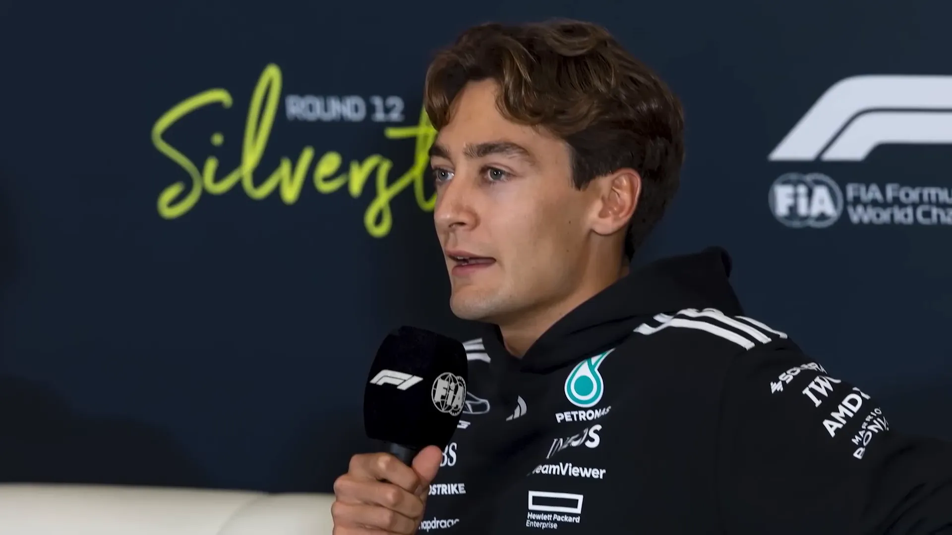 George Russell answering questions about his contract at Silverstone press conference