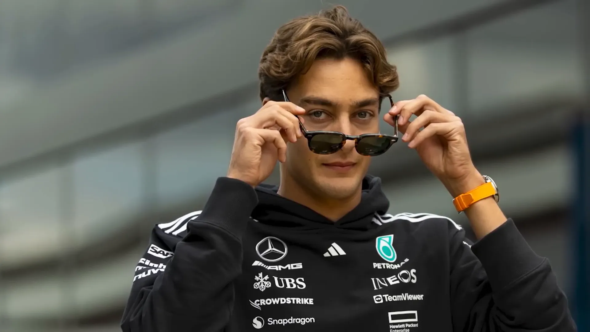 George Russell in Mercedes garage