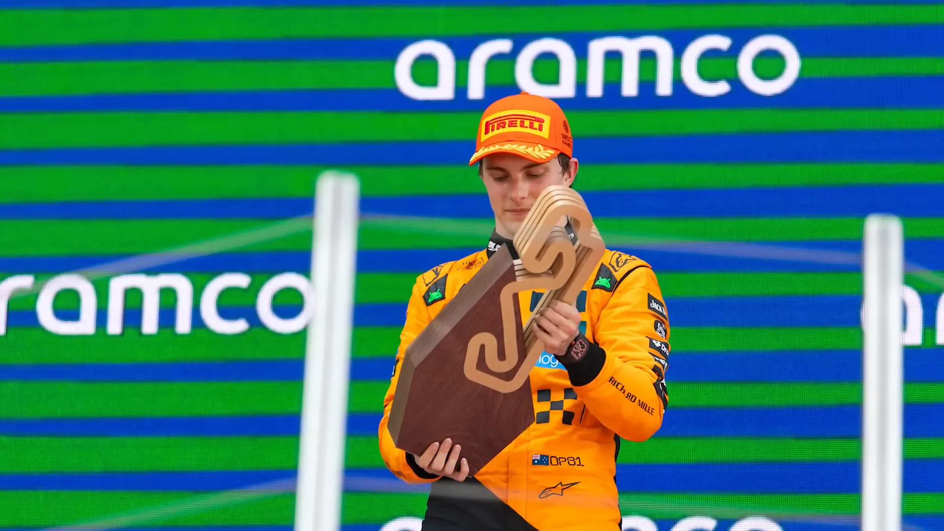 Oscar Piastri celebrating his success during the race.