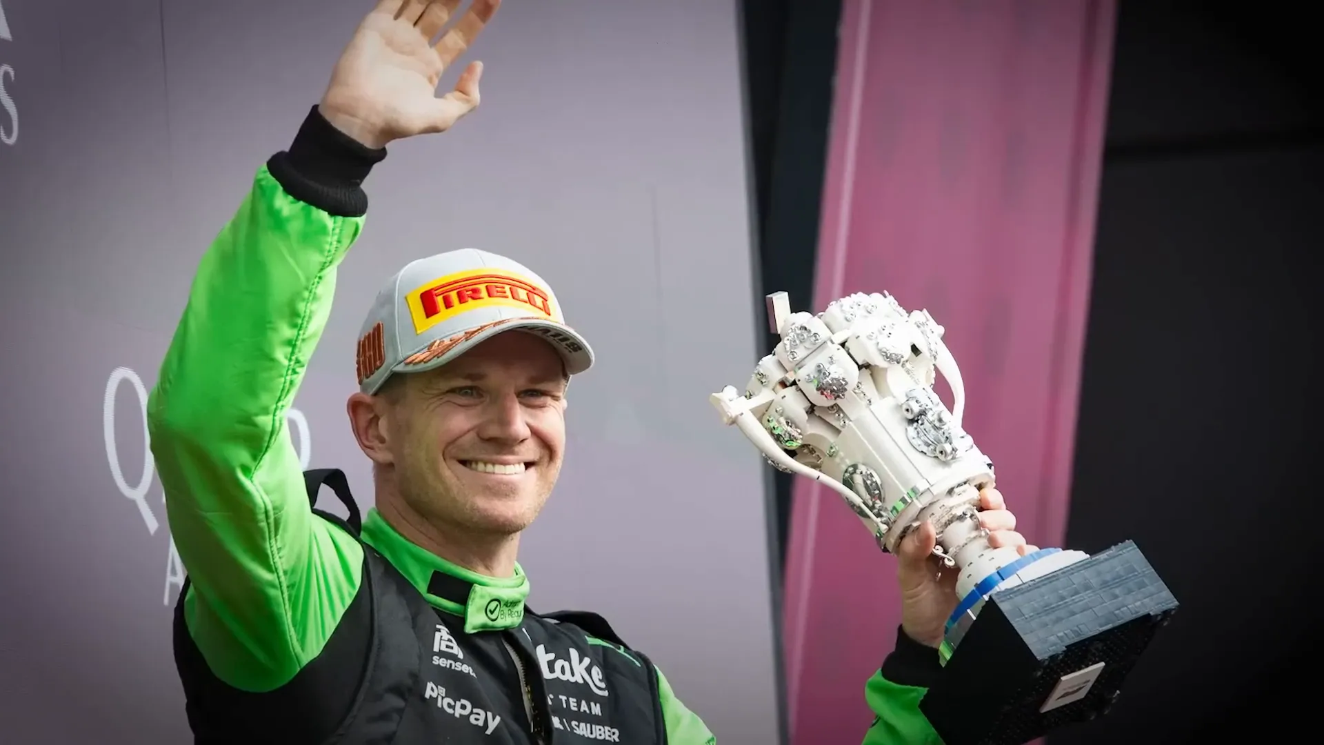 Nico Hulkenberg celebrating his first podium
