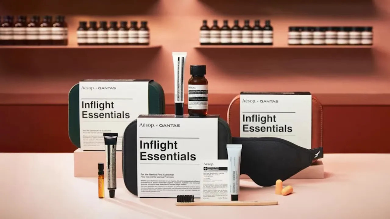 Aesop x Qantas Inflight Essentials amenities kit arranged on a tray