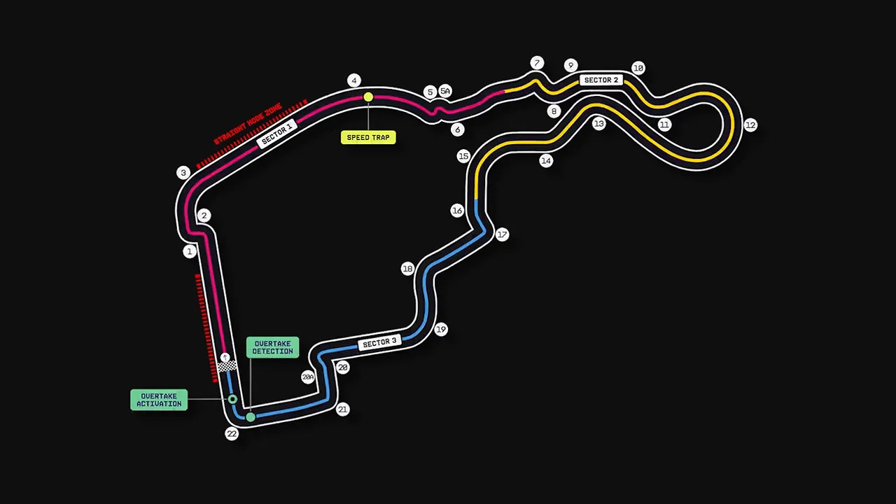 Circuit layout graphic showing the Madrid Formula 1 track and numbered turns