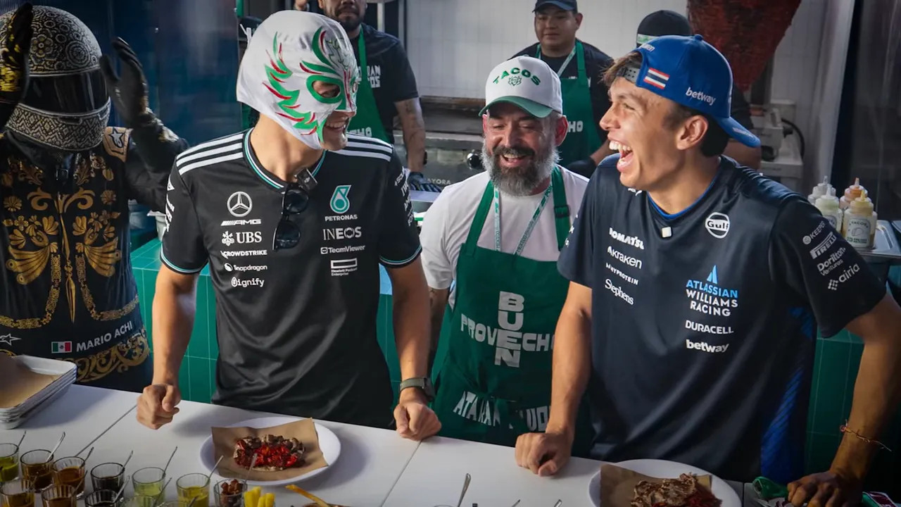 George Russell and Alex Albon making tacos in the paddock