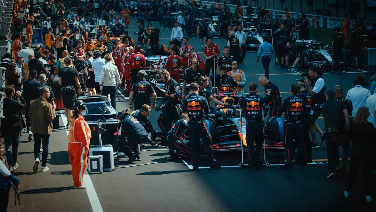 Race start grid with drivers ready for lights