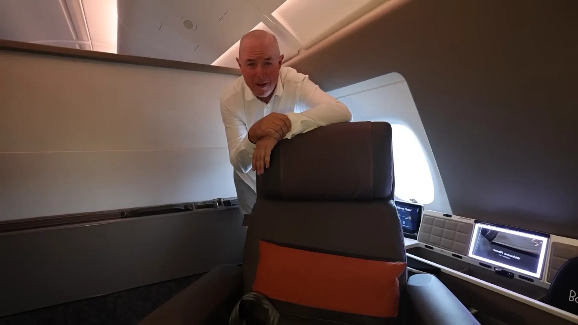 Interior of the Singapore Airlines A380 Suite showing open space and seat orientation