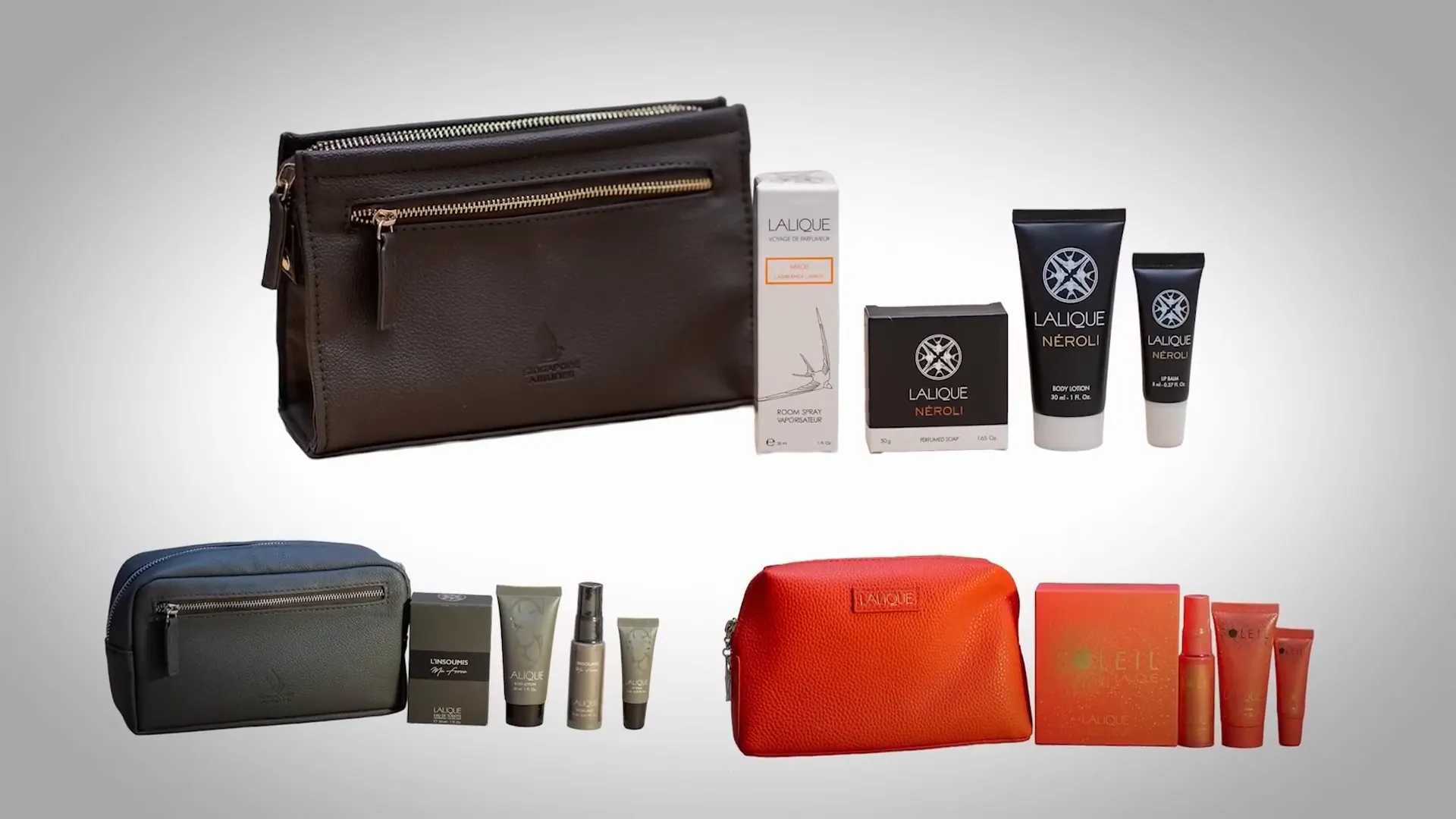 Lalique-themed amenities kit items laid out