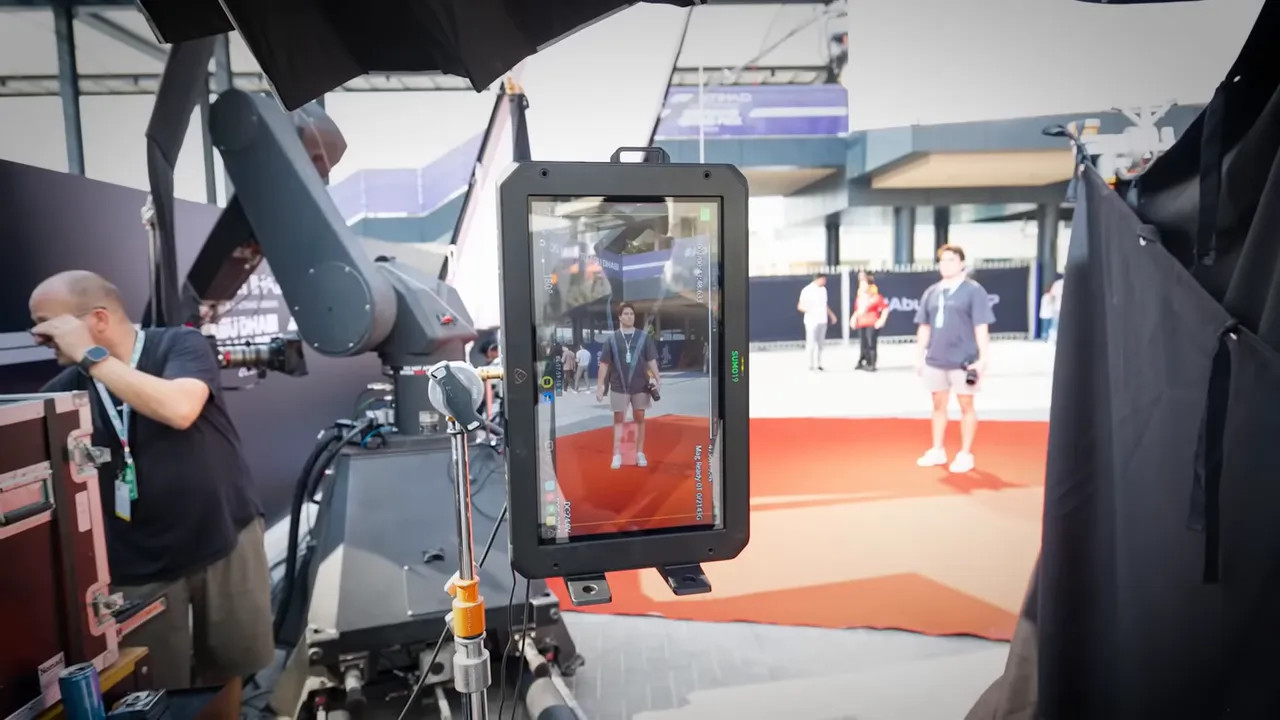 Camera robot arm with a field monitor showing a person on a red carpet, production crew and set pieces in the background.