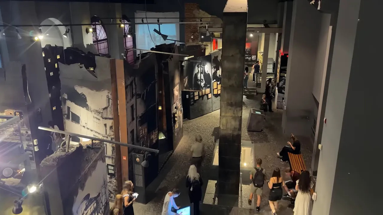interior of Warsaw Uprising Museum with exhibits and visitors seen from above