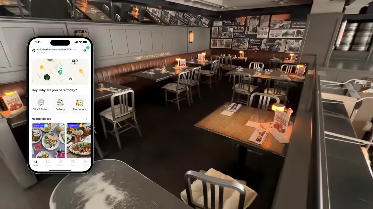 stylish restaurant interior with tables booths and a phone graphic overlay