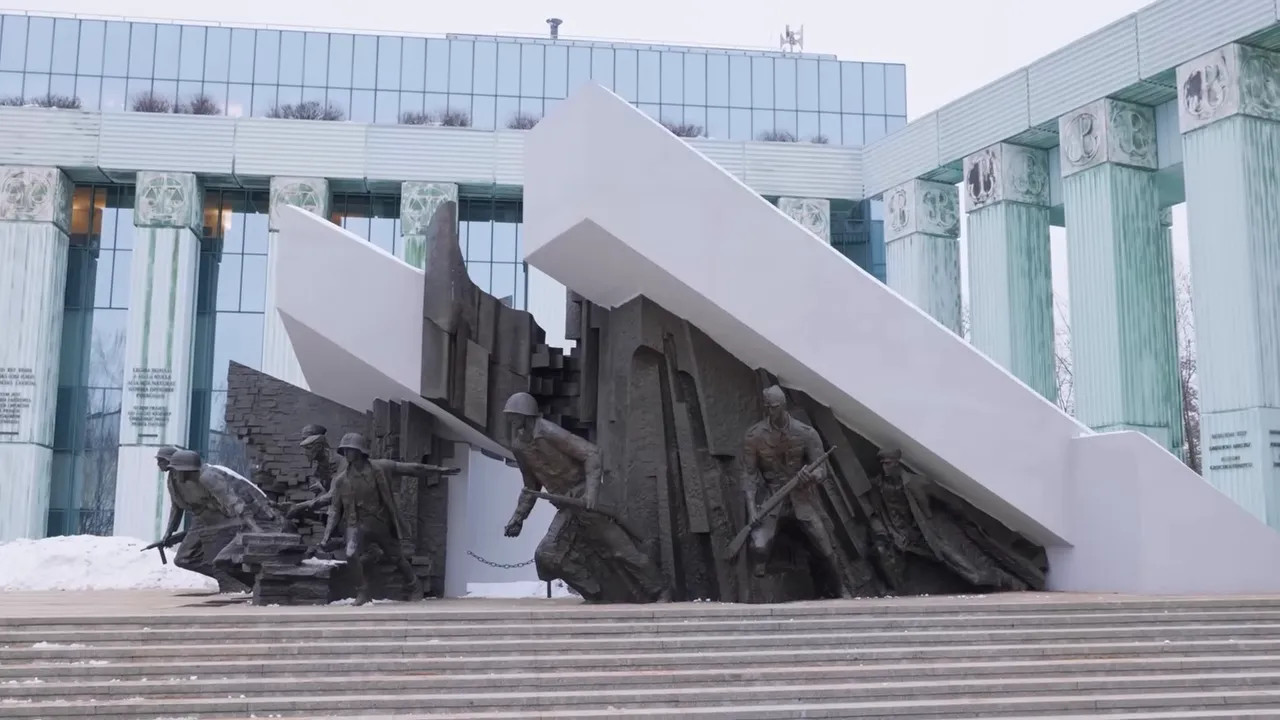 Warsaw Uprising memorial sculpture outside a modern glass building