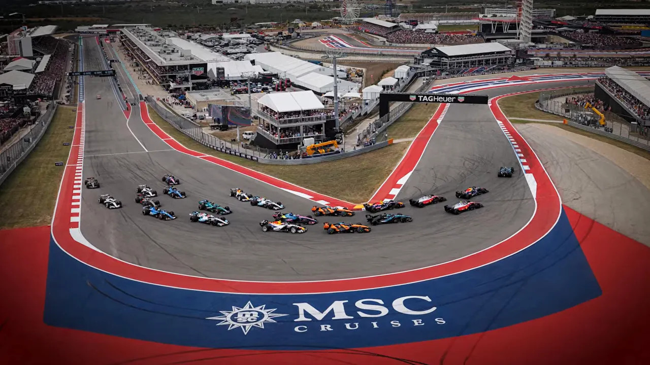 Large hospitality building overlooking the Circuit of the Americas track