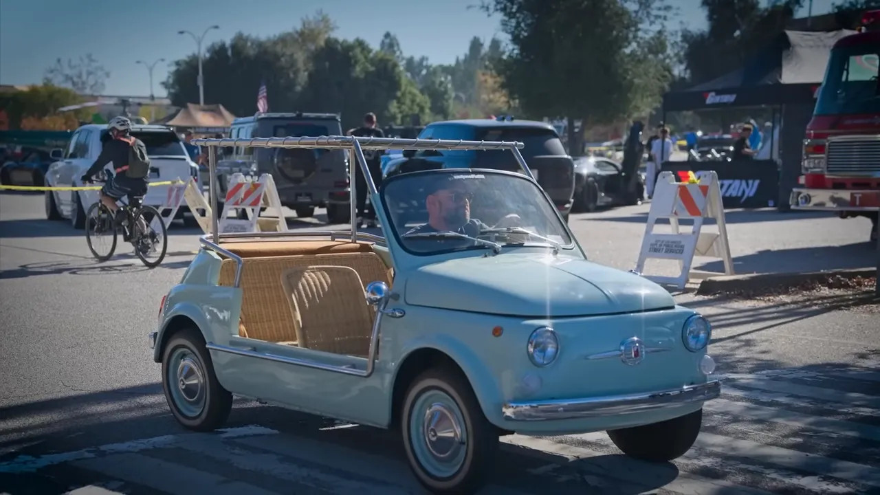 Light blue Fiat 500 Jolly with tan interior and chrome detailing