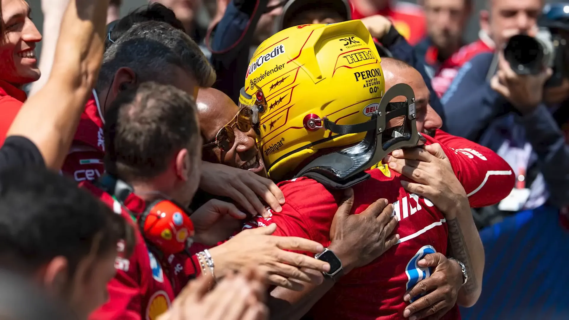Hamilton celebrating with fans