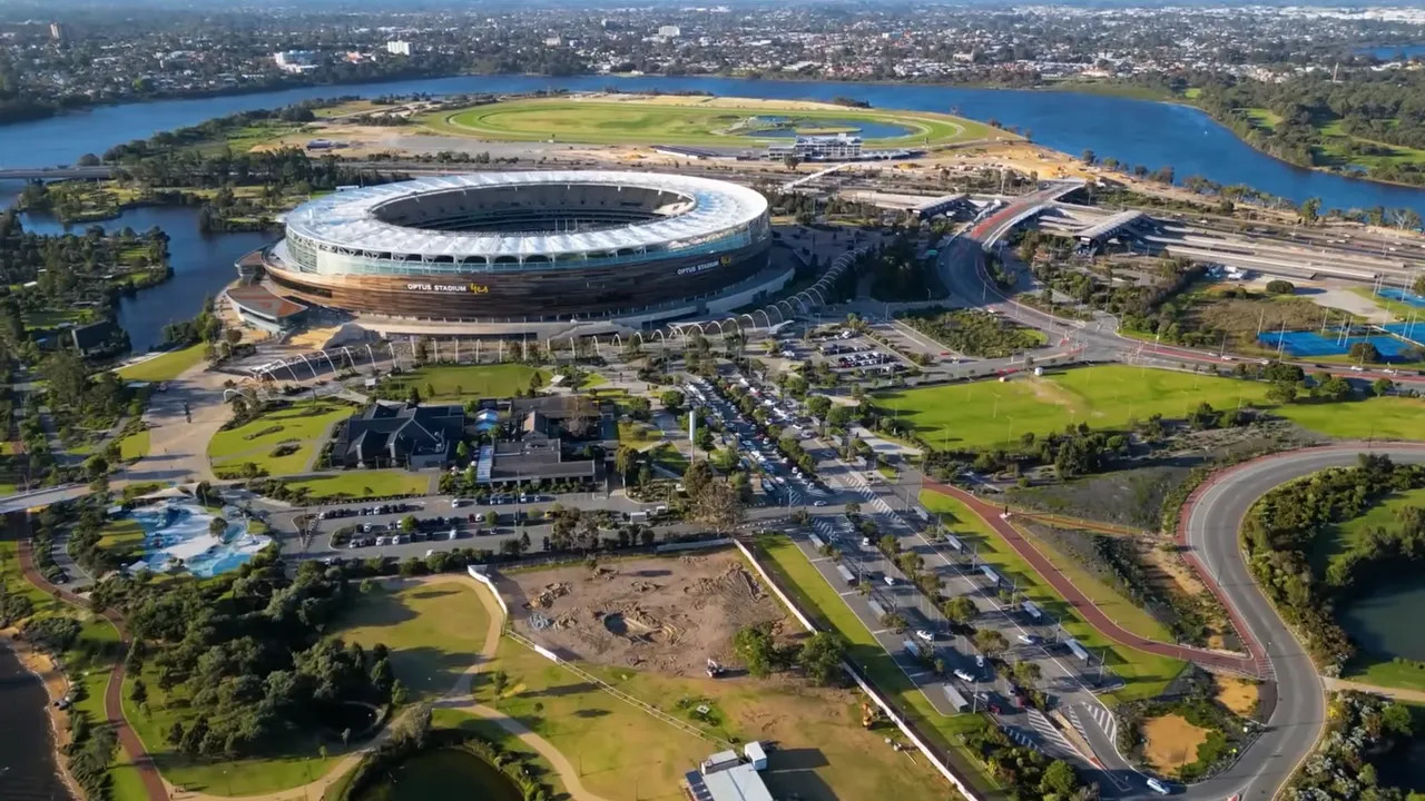 Aerial view of Optus Stadium and surrounding parklands in Perth