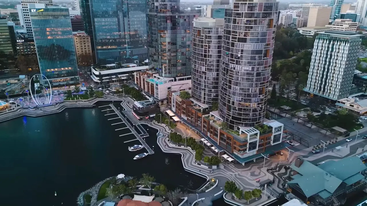 Aerial view of Perth’s waterfront district with marina and surrounding buildings