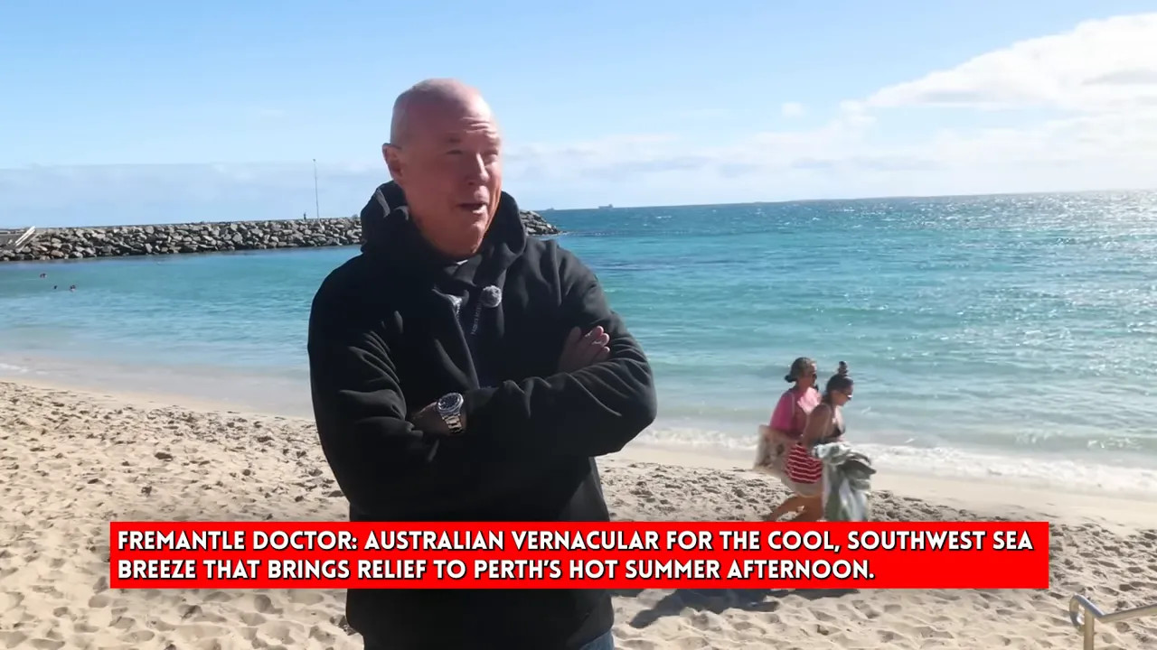Presenter on a beach near Perth with the ocean in the background
