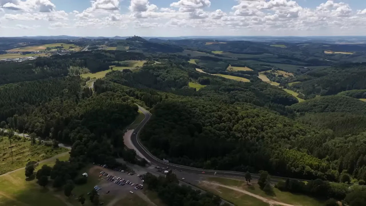 Aerial landscape view overlooking the Nürburgring circuit and surrounding valleys