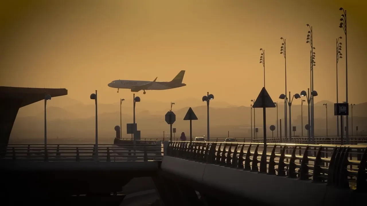 Airliner landing over a coastal bridge and roadway at sunset