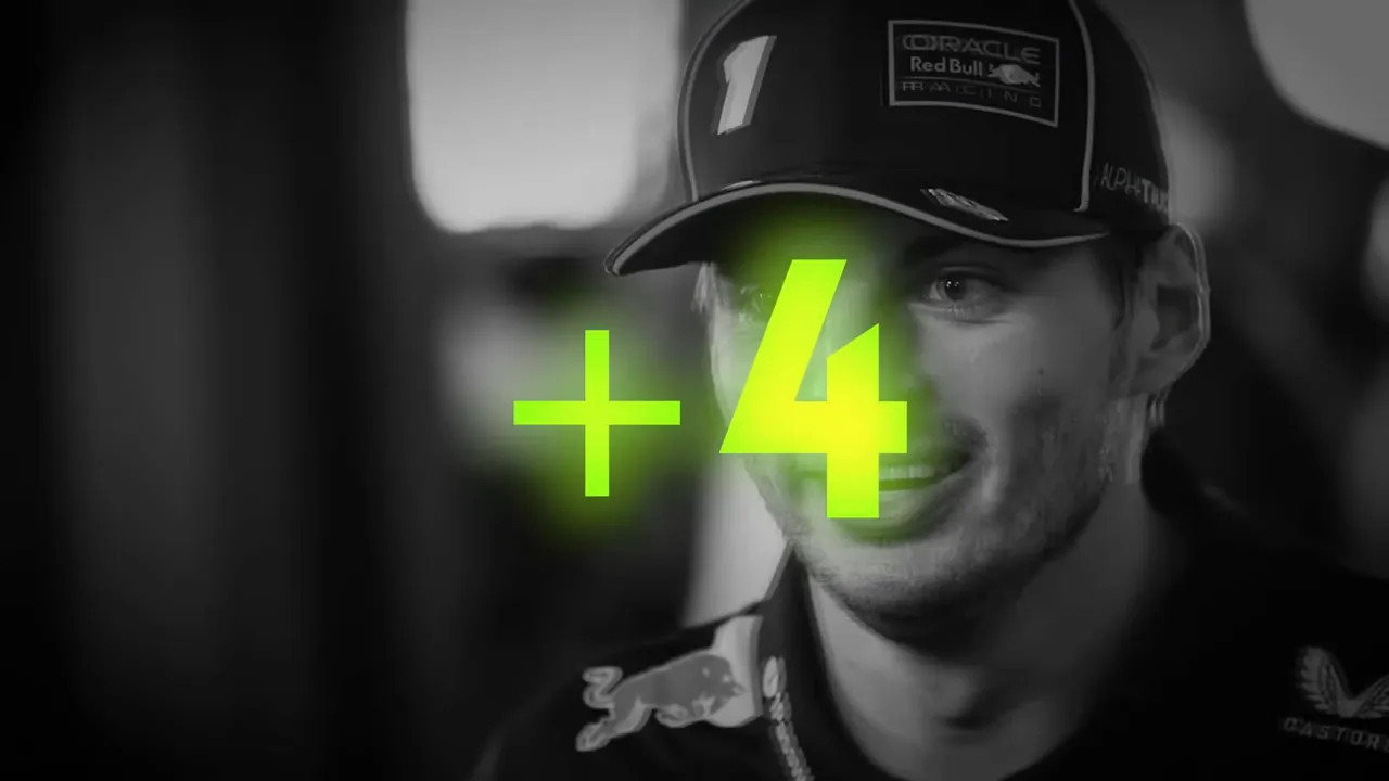 Black-and-white driver portrait with a neon green '+4' graphic showing a four-point championship gap