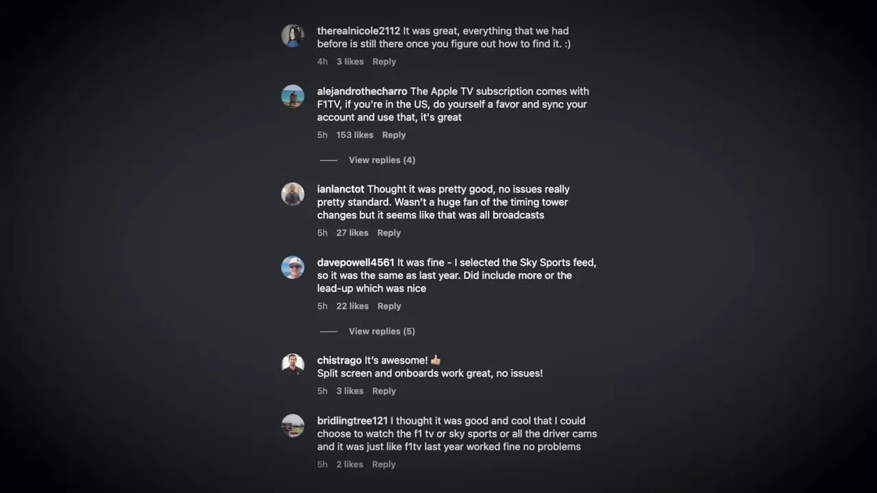 Screenshot of viewer comments about Apple TV and F1 TV feeds on a dark background