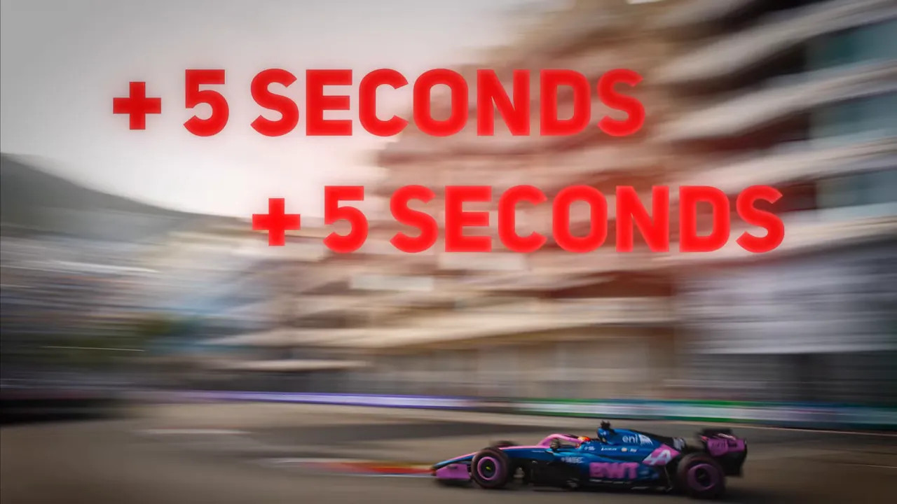 Red text reading plus 5 seconds twice over a blurred image of an Alpine Formula 1 car