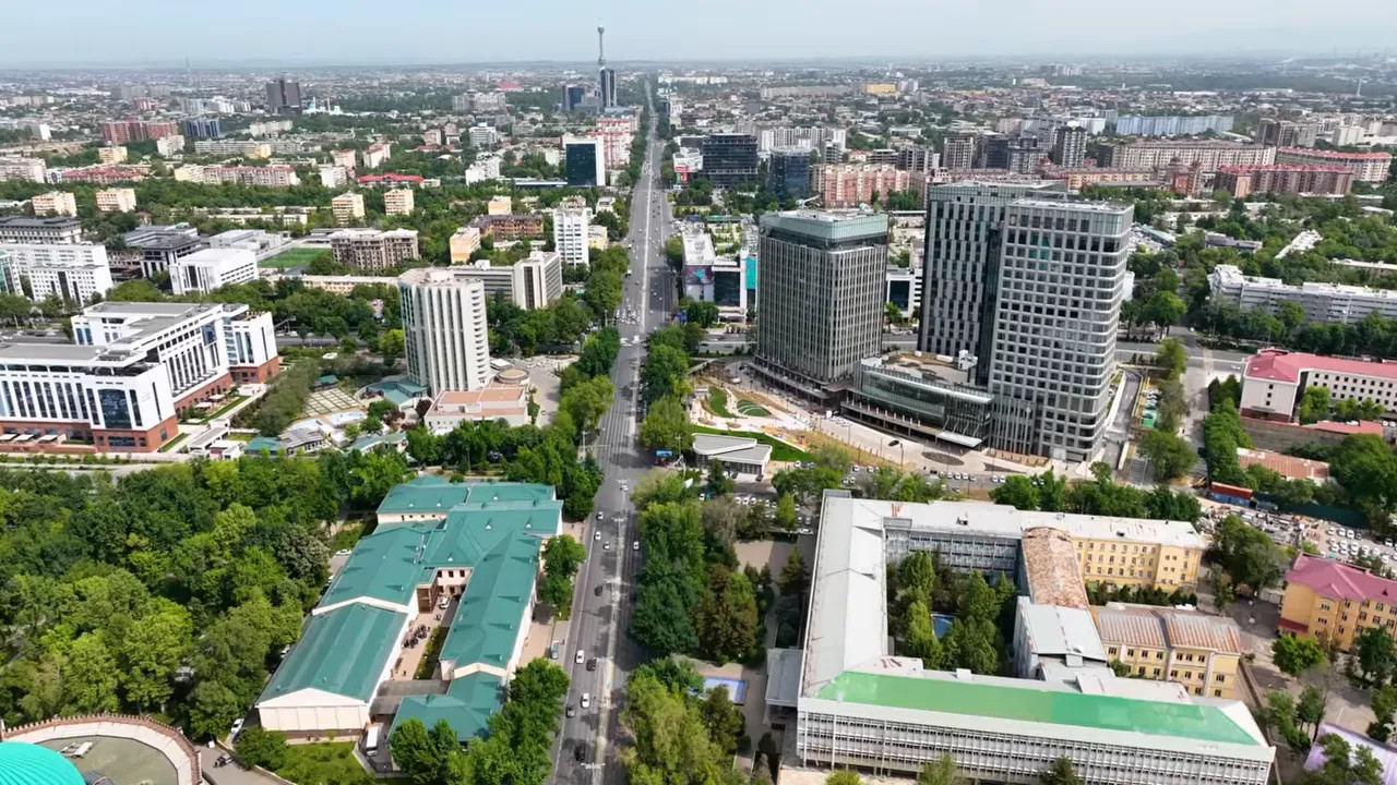 Aerial view of tree-lined avenues and buildings in Tashkent