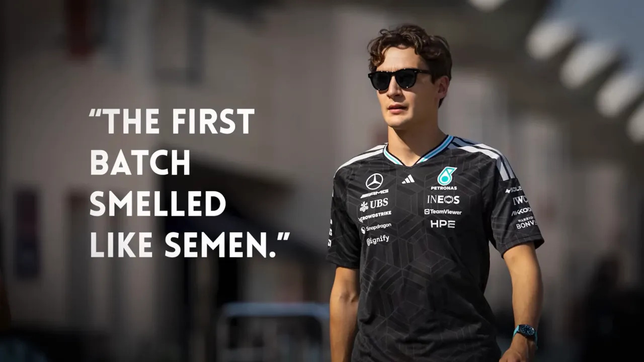 Driver in a Mercedes team shirt and sunglasses with a large on-screen quote reading 'THE FIRST BATCH SMELLED LIKE SEMEN'.
