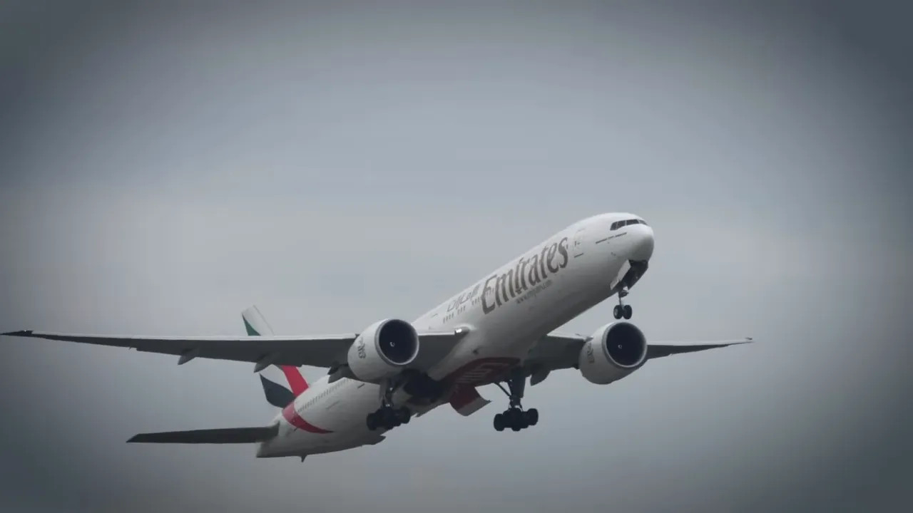 Emirates airliner descending with landing gear down against a grey sky