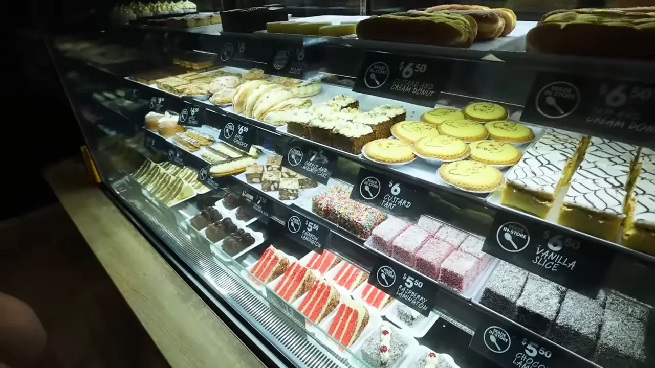 Rottnest Island bakery display with a variety of cakes and desserts