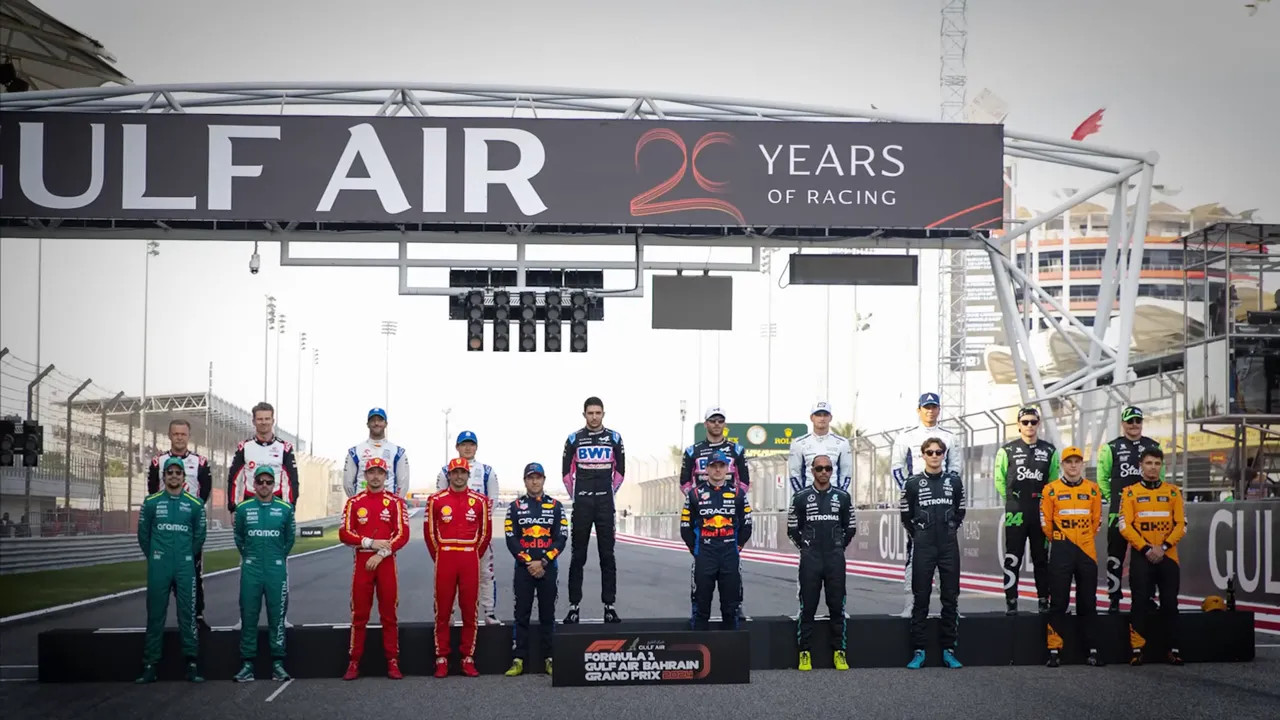 Formula 1 drivers lined up on Bahrain circuit grid