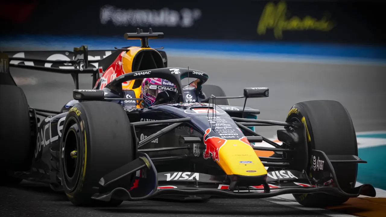Max Verstappen driving the Red Bull in Formula 1-style track action