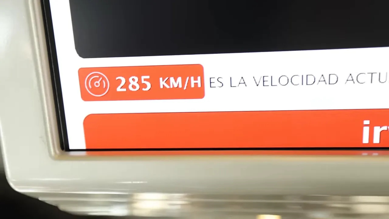 Onboard screen showing train speed of 285 km per hour