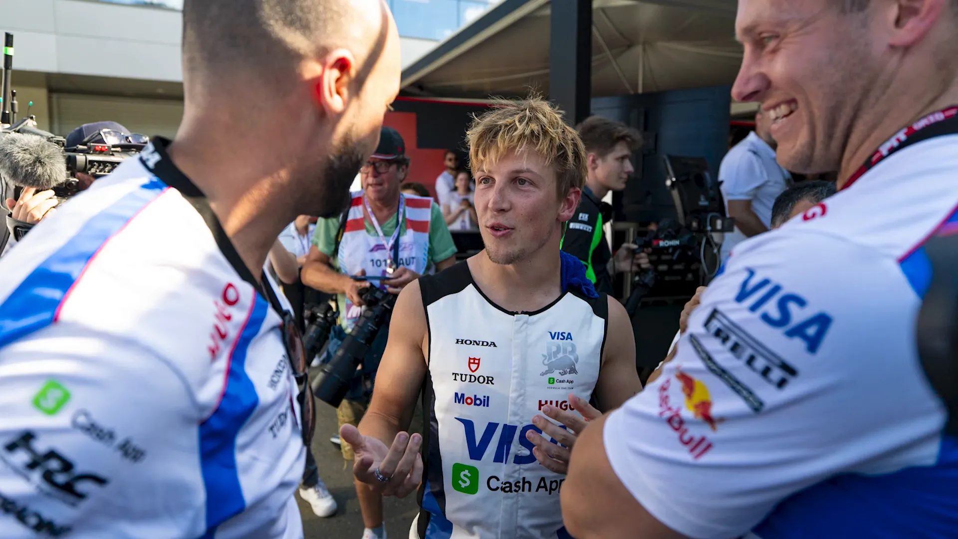 Liam Lawson post-race hug