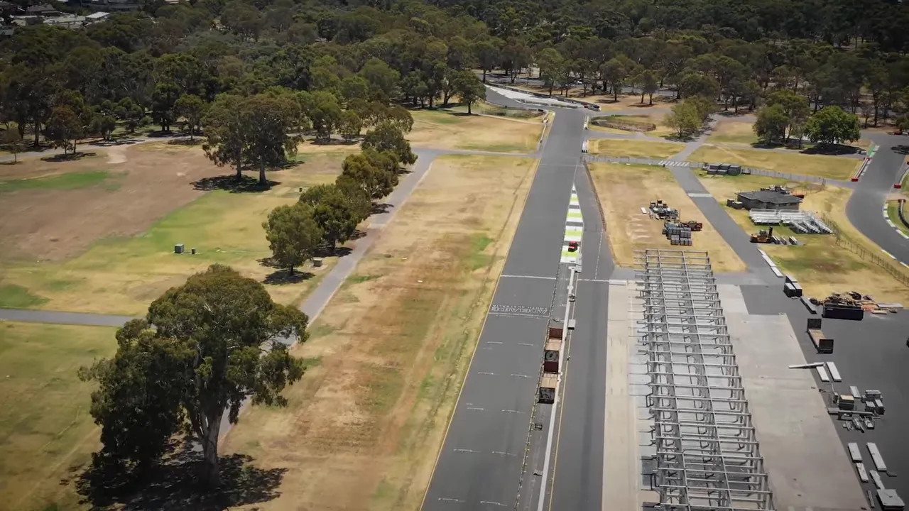 Aerial view of the Adelaide Grand Prix circuit with pit straight and surrounding parklands