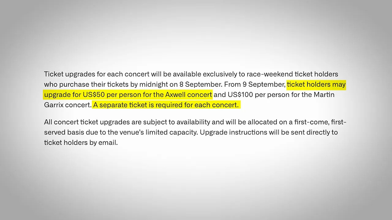Concert ticket information with highlighted text describing separate paid upgrades