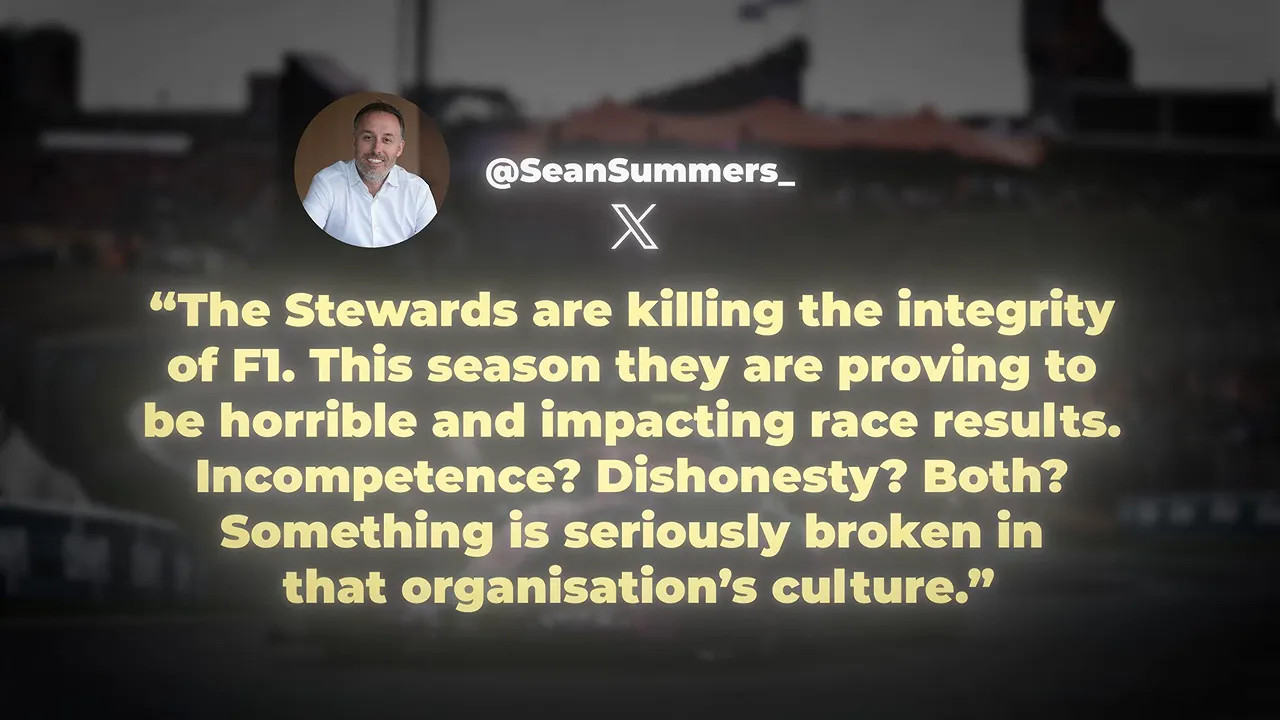 On-screen social media statement criticising Formula 1 stewards