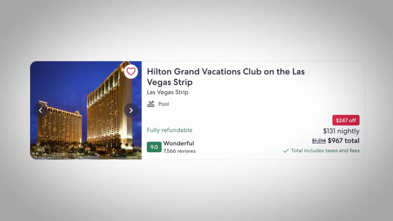 Booking listing for Hilton Grand Vacations Club on the Las Vegas Strip showing nightly price and $967 total.