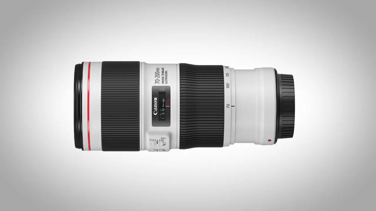Canon zoom lens studio render with 70-200mm marking details