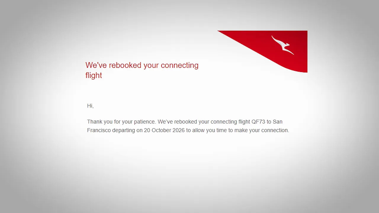 Qantas email headed We've rebooked your connecting flight