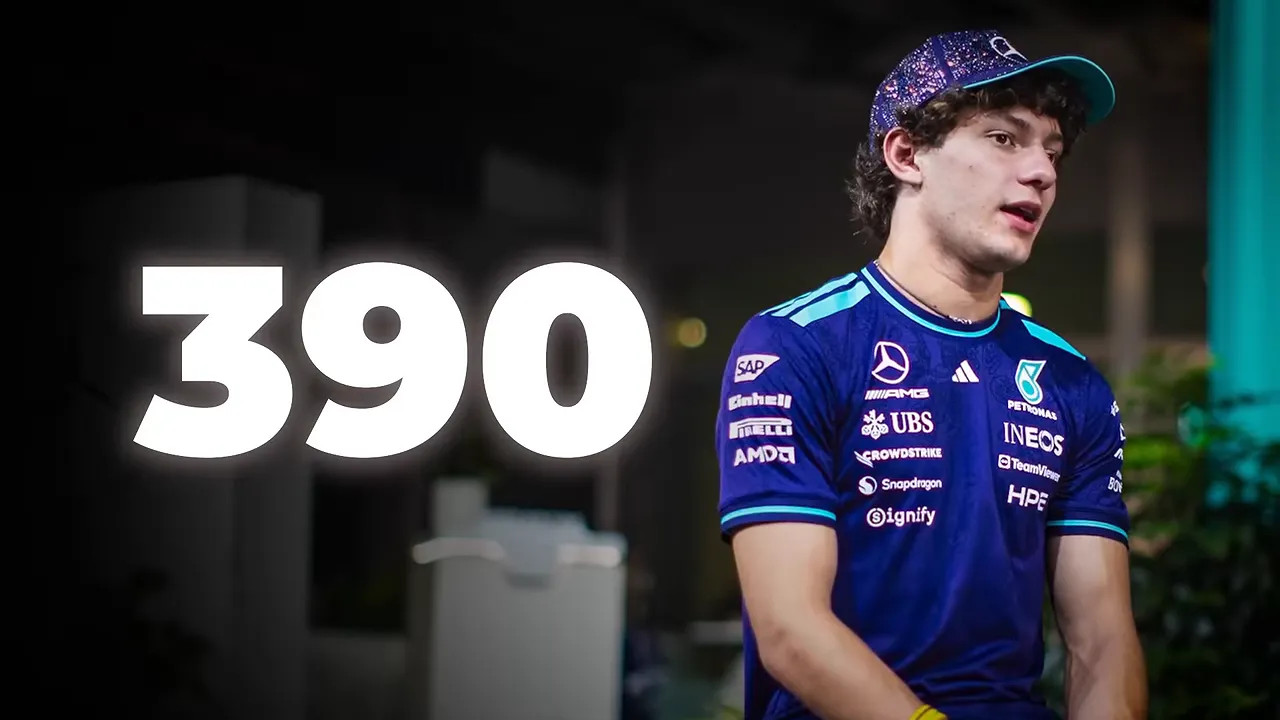Kimi Antonelli beside a large 390 points graphic