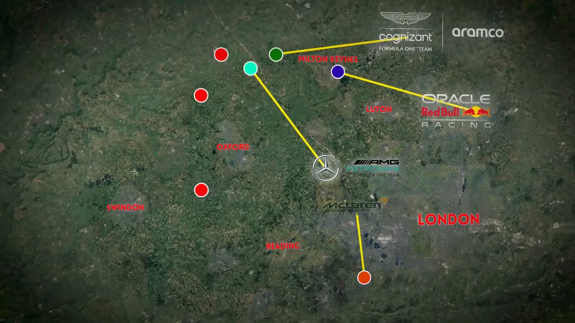 Map showing the location of seven F1 teams within Motorsport Valley