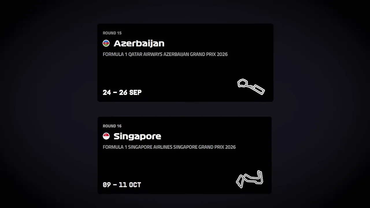 Calendar cards showing Azerbaijan and Singapore race weekends